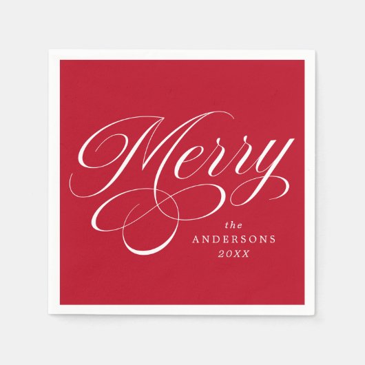 Elegant Merry Calligraphy Script Red Christmas スタンダードカクテルナプキン (正面)