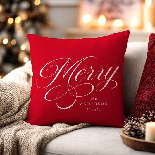 Elegant Merry Calligraphy Script Red Holiday クッション