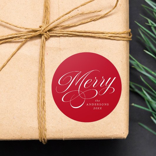 Elegant Merry Calligraphy Script Red Holiday ラウンドシール