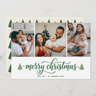 Elegant Merry Christmas Family 3 Photos Flat Card シーズンカード