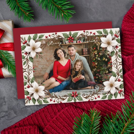 Elegant Merry Christmas Floral Frame Custom Photo シーズンカード
