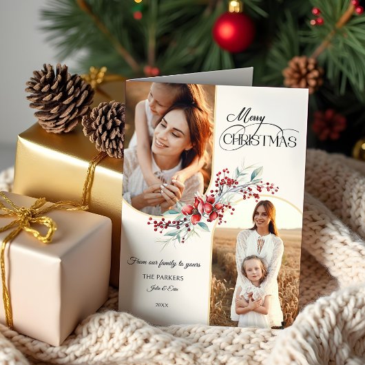 Elegant Merry Christmas Floral Gold Arch 2-Photo シーズンカード