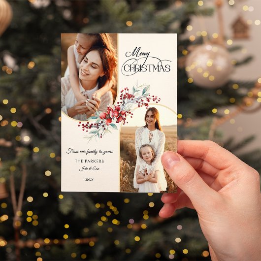 Elegant Merry Christmas Floral Gold Arch 2-Photo シーズンカード