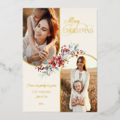 Elegant Merry Christmas Floral Gold Arch 2-Photo 箔シーズンカード (正面)