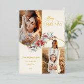 Elegant Merry Christmas Floral Gold Arch 2-Photo 箔シーズンカード (立ち正面)