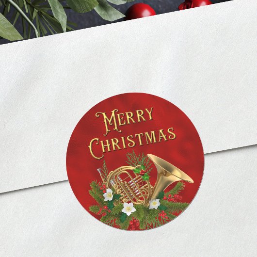 Elegant Merry Christmas Music French Horn Red ラウンドシール