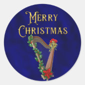 Elegant Merry Christmas Music Harp Navy Blue ラウンドシール (正面)