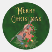Elegant Merry Christmas Music Violin Green ラウンドシール (正面)