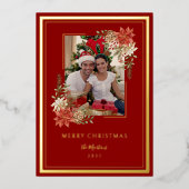 Elegant Merry Christmas Red and Gold Photo 箔シーズンカード (正面)