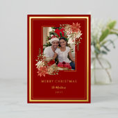 Elegant Merry Christmas Red and Gold Photo 箔シーズンカード (立ち正面)
