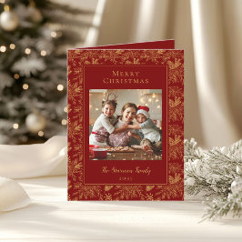 Elegant Merry Christmas Red Faux Gold Photo  シーズンカード