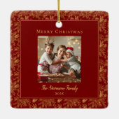 Elegant Merry Christmas Red Faux Gold Photo セラミックオーナメント (裏面)