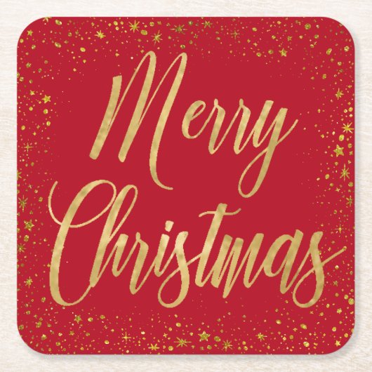 Elegant Merry Christmas Red & Gold Script Stars スクエアペーパーコースター (正面)