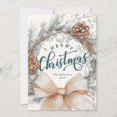 Elegant Merry Christmas Script Botanical Wreath  シーズンカード (正面)