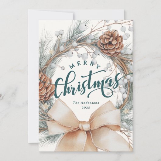 Elegant Merry Christmas Script Botanical Wreath  シーズンカード (正面)