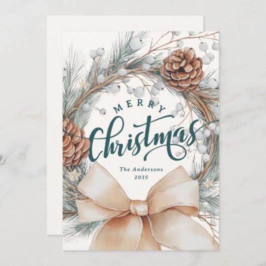 Elegant Merry Christmas Script Botanical Wreath  シーズンカード (正面/裏面)