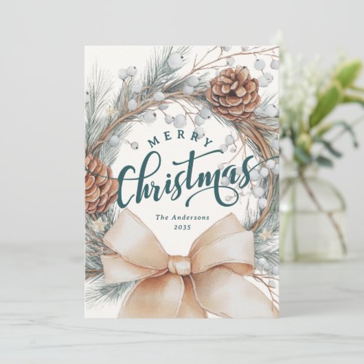 Elegant Merry Christmas Script Botanical Wreath  シーズンカード (スタンド正面)