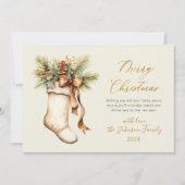 Elegant Merry Christmas Script Watercolor Stocking シーズンカード (正面)