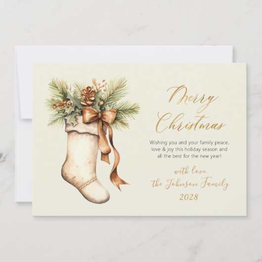 Elegant Merry Christmas Script Watercolor Stocking シーズンカード (正面)