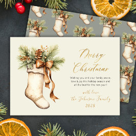 Elegant Merry Christmas Script Watercolor Stocking シーズンカード