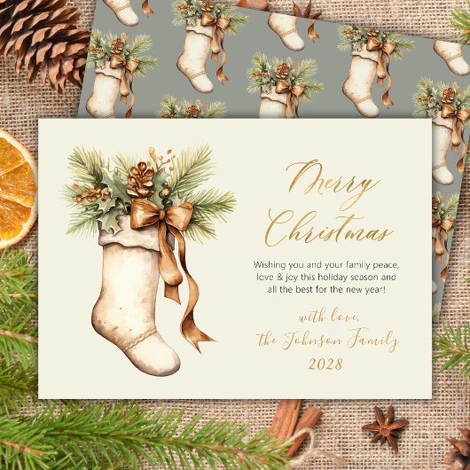 Elegant Merry Christmas Script Watercolor Stocking シーズンカード