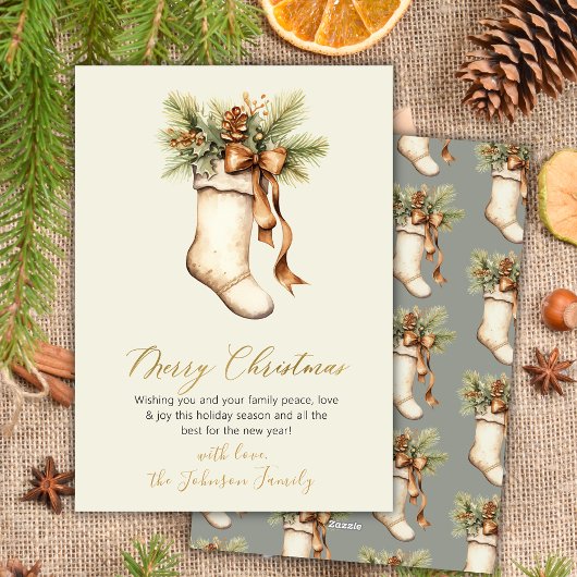 Elegant Merry Christmas Script Watercolor Stocking シーズンカード