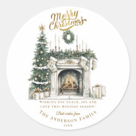Elegant Merry Christmas Sticker with Fireplace and ラウンドシール