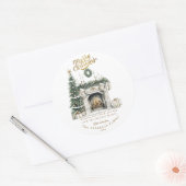 Elegant Merry Christmas Sticker with Fireplace and ラウンドシール (封筒)
