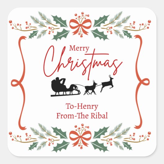 Elegant Merry Christmas Sticker with Santa Sleigh  スクエアシール (正面)