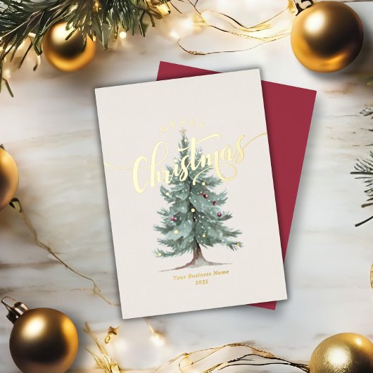 Elegant Merry Christmas Tree Script Business Logo 箔シーズンカード