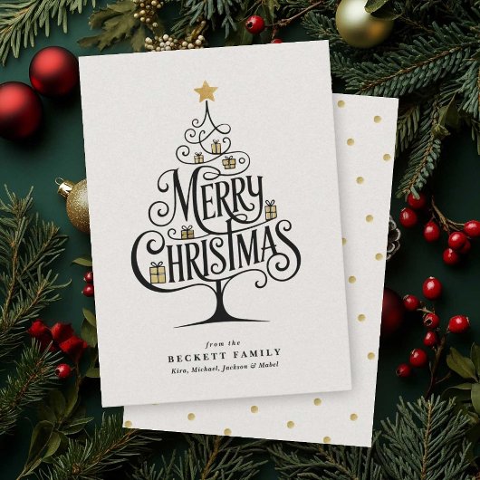 Elegant “Merry Christmas” Typography Tree Family シーズンカード