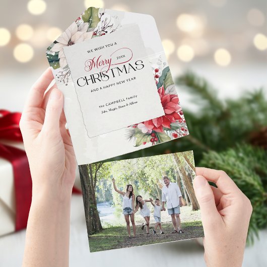 Elegant Merry Christmas Watercolor Botanical  オールインワン招待状