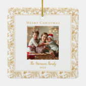 Elegant Merry Christmas White Faux Gold Photo セラミックオーナメント (裏面)
