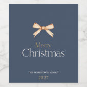 Elegant Merry Christmas Wine Label with Gold Bow ワインラベル (シングルラベル)