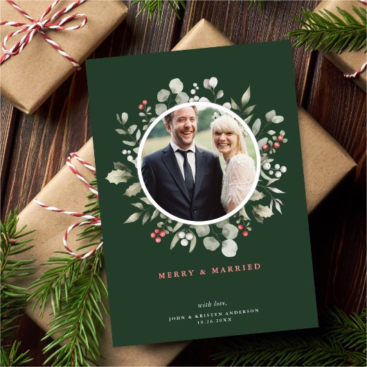 Elegant Merry & Married Greenery Wreath Photo シーズンカード
