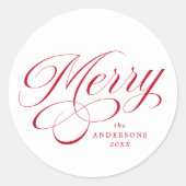 Elegant Merry Red Calligraphy Script Holiday ラウンドシール (正面)