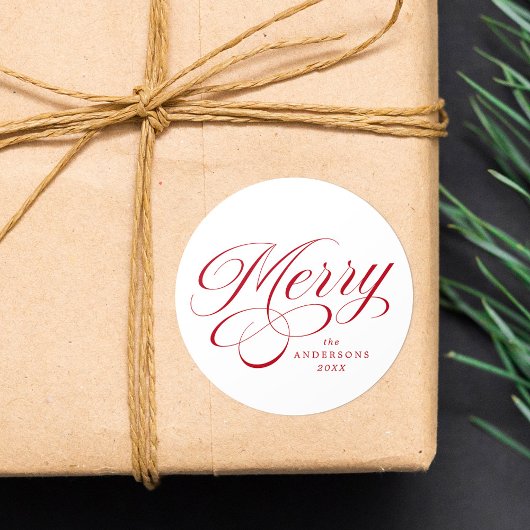 Elegant Merry Red Calligraphy Script Holiday ラウンドシール