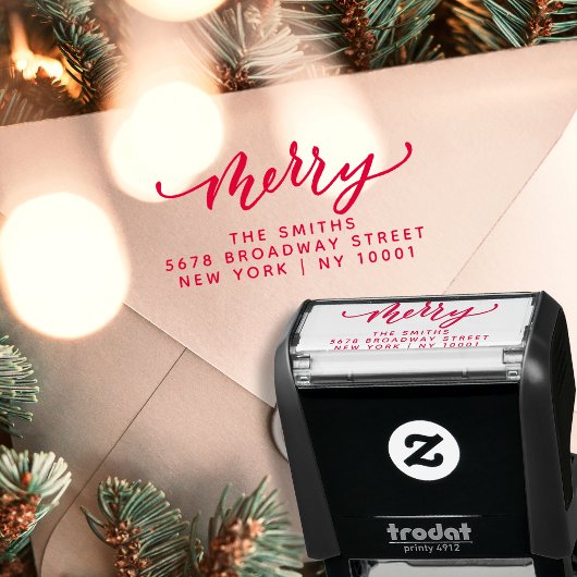 Elegant Merry Script Red Christmas Return Address セルフインキングスタンプ