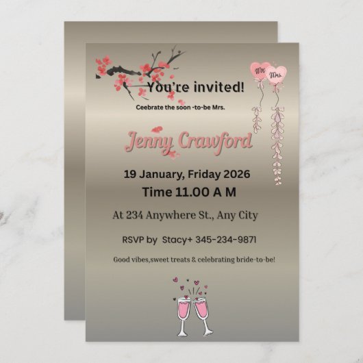 Elegant Metallic Bridal Shower Invitation | Cherry (正面/裏面)