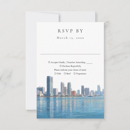 Elegant Miami Skyline Watercolor Wedding 出欠カード (正面)
