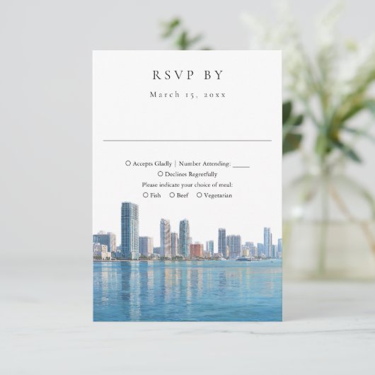 Elegant Miami Skyline Watercolor Wedding 出欠カード (スタンド正面)