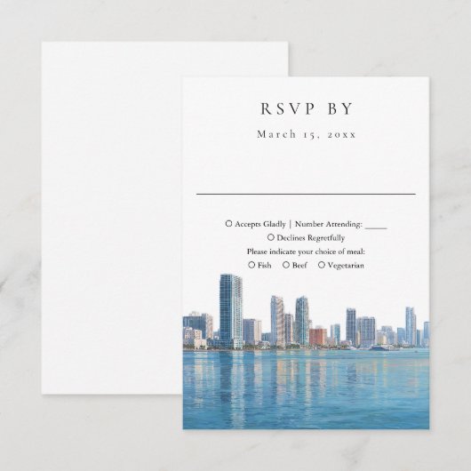 Elegant Miami Skyline Watercolor Wedding 出欠カード (正面/裏面)