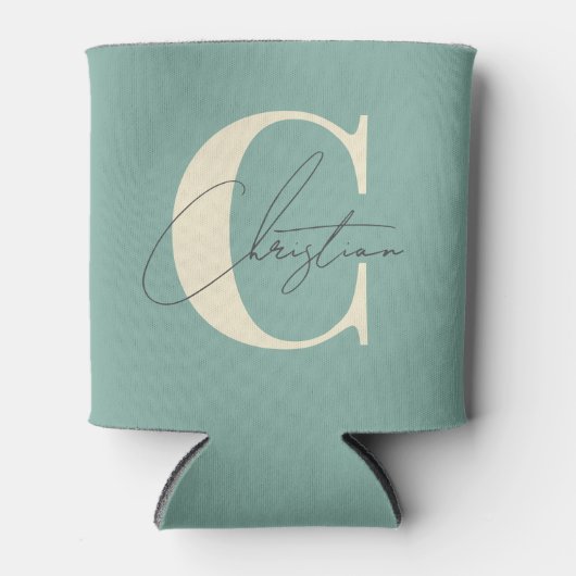 Elegant Mid-Century Modern Monogram Aqua Reef 缶クーラー (正面)