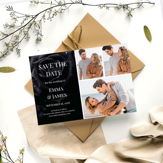 Elegant Midnight Rose Black & White Wedding Photo セーブザデート