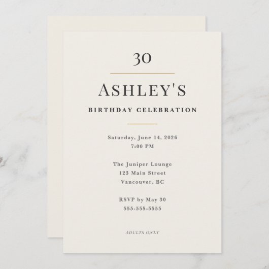 Elegant Minimal 30th Birthday Celebration 招待状 (正面/裏面)