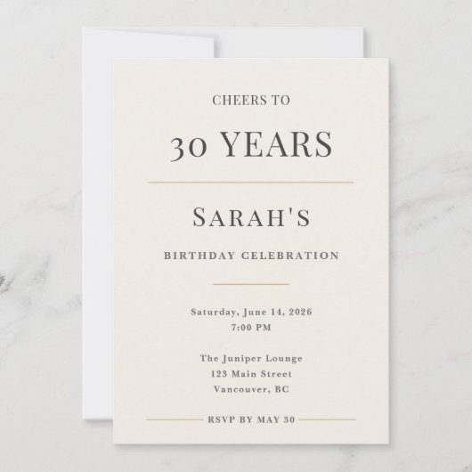 Elegant Minimal 30th Birthday Celebration 招待状 (正面)