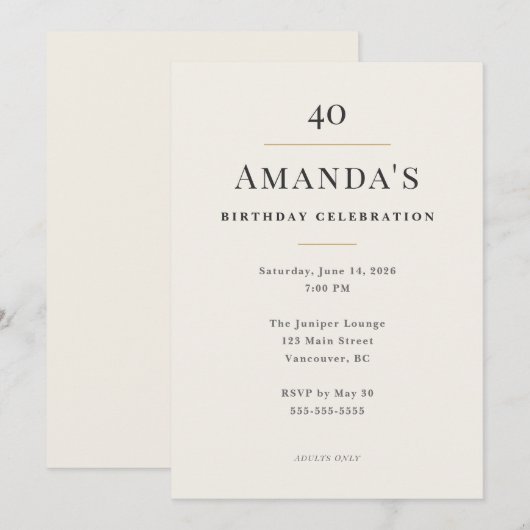 Elegant Minimal 40th Birthday Celebration 招待状 (正面/裏面)