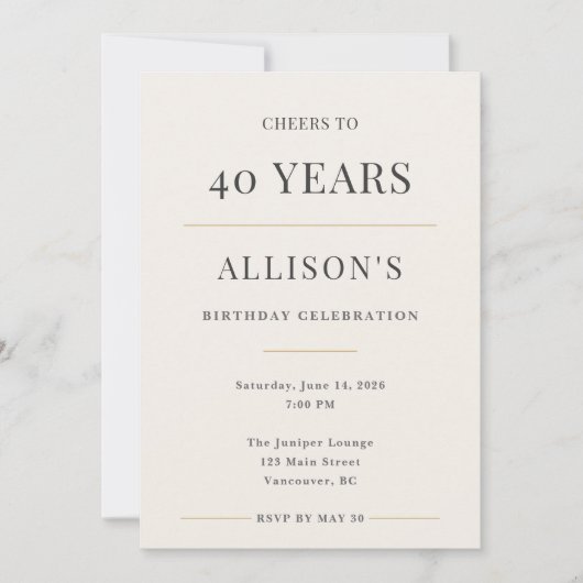 Elegant Minimal 40th Birthday Celebration 招待状 (正面)