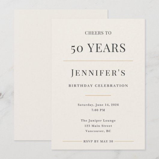 Elegant Minimal 50th Birthday Celebration 招待状 (正面/裏面)