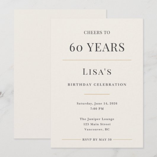 Elegant Minimal 60th Birthday Celebration 招待状 (正面/裏面)